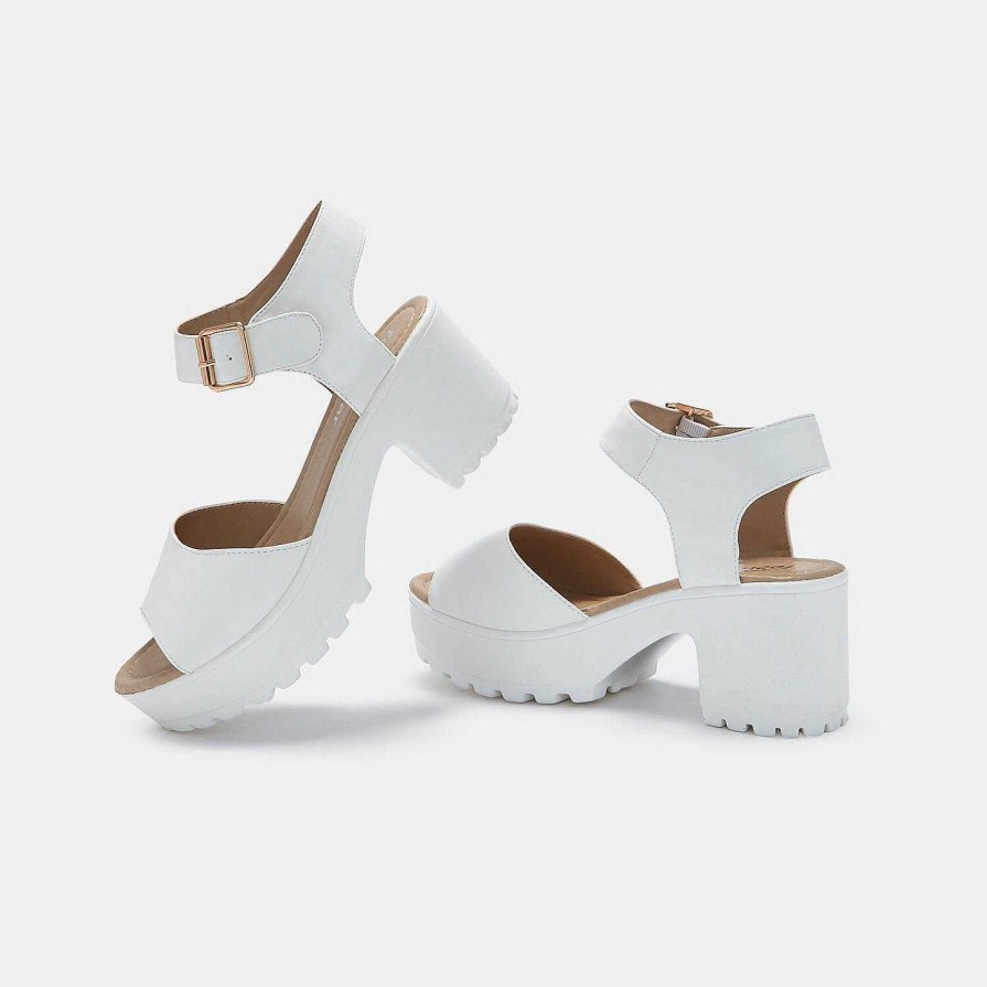 Best White Ankle Strap Chunky Platform Cleated Sandals Platform Heels