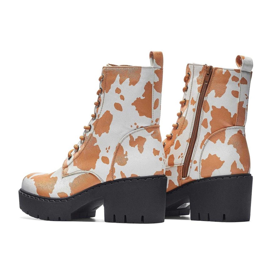 New Clarabelle Brown Cow Print Switch Lace Up Boots Ankle Boots