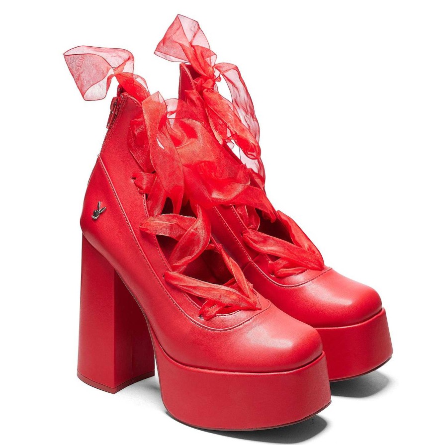 Clearance Playboy Infidelity Red Lace Up Heels | Playboy X Koi Collection Platform Heels