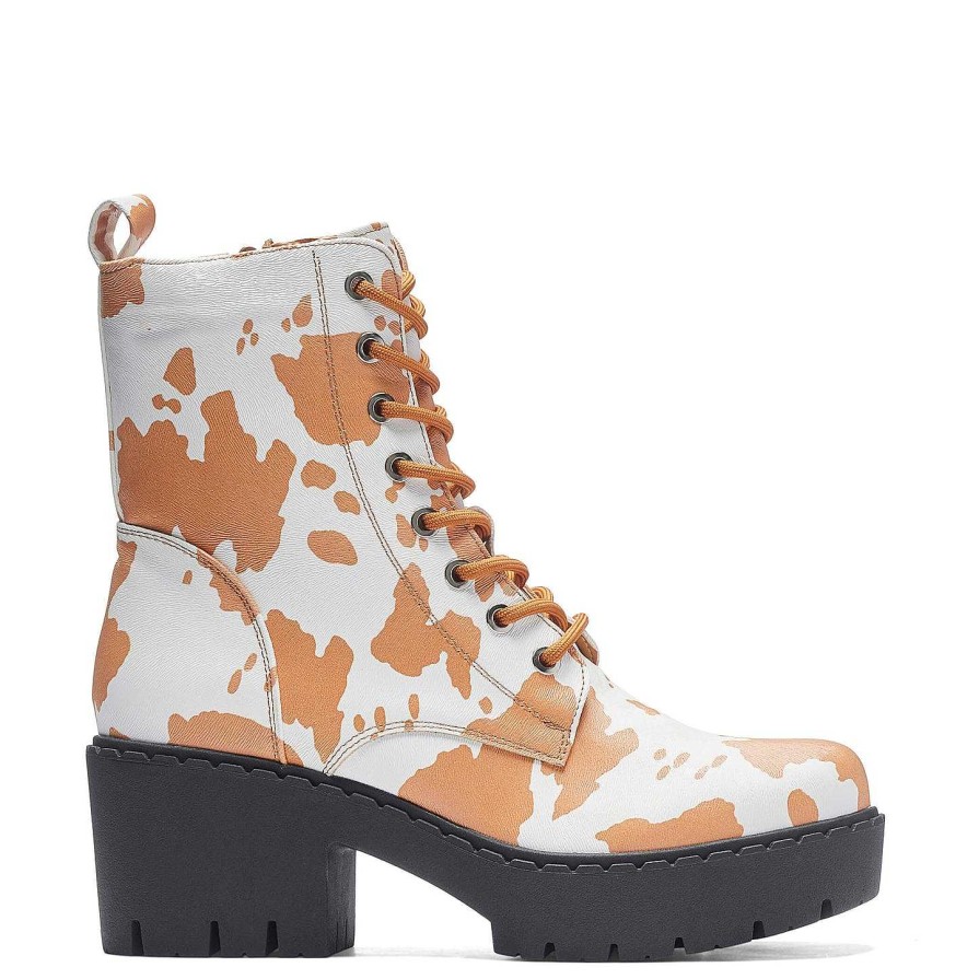 New Clarabelle Brown Cow Print Switch Lace Up Boots Ankle Boots