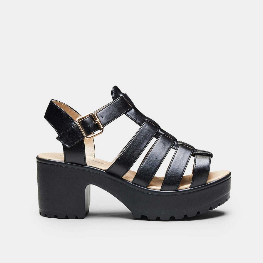 Hot Black Chunky Platform Cleated Strappy Sandals Platform Sandals